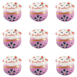 Сливовый 9шт. фарфоровые бусины ручной работы с принтом, Lucky Cat, слива, 13x14x11 мм, отверстие : 2 мм