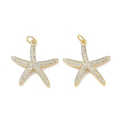 Настоящее золото 18K Латунные микропаве прозрачные подвески с фианитом, прелести морская звезда, долговечный, без кадмия и без свинца, стойки покрытие, реальный 18 k позолоченный, 23.5x22.5x4 мм, отверстие : 3.5 мм
