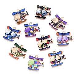 Mixed Color Printed Alloy Pendants, Cadmium Free & Nickel Free & Lead Free, Light Gold, Helicopter Charm, Mixed Color, 17.5x18.5x2mm, Hole: 1.8mm