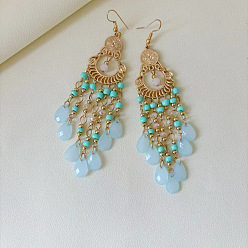 Лазурный Серьги-люстры из акрила и сплава, слеза, золотые, лазурный, 110x25 мм