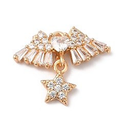 Золотой Латунные микропаве прозрачные подвески с фианитом, без никеля , со стеклом, звезда с крылом, золотые, 17x21x4 мм, отверстие : 1.4 мм