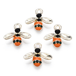 Темно-Оранжевый Подвески из эмали и сплава, со стразами, Пчелы, золотой свет, темно-оранжевый, 15x16.5x3.5 мм, отверстие : 2 мм