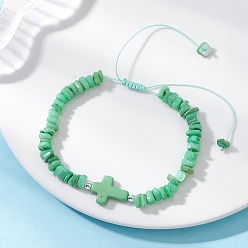 Весенне-зеленый Регулируемые плетеные браслеты из натуральных пресноводных ракушек и окрашенных синтетических бирюзовых бусин для женщин, чип и кросс, весенний зеленый, внутренний диаметр: 2.09 ~ 3.46 дюйм (5.3~8.8 см)