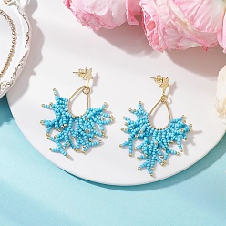 Blue Handmade Glass Seed Beads Dangle Stud Earrings, Star with Teardrop, with Stainless Steel Earring Findings, Golden, Blue, 60~65mm