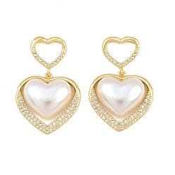 Real 16K Gold Plated Brass Micro Pave Clear Cubic Zirconia Pendants, Heart Charms, with ABS Imitation Pearl, Real 16K Gold Plated, 33.5mm