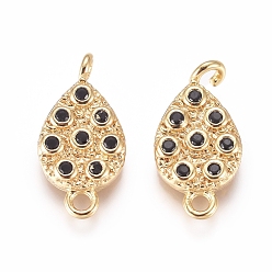 Black Brass Micro Pave Cubic Zirconia Links connectors, Teardrop, Golden, Black, 17.5x8.5x5mm, Hole: 1.6mm and 1.4mm