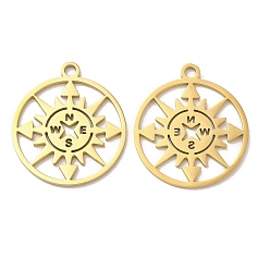 Plaqué 18K Or Véritable Placage ionique (ip) 304 pendentifs en acier inoxydable, rond plat avec breloque boussole, réel 18 k plaqué or, 27x24x1mm, Trou: 2.2mm