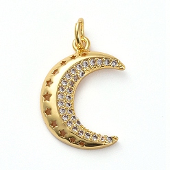 Золотой Латунные микропаве прозрачные подвески с фианитом, с прыжковых колец, Луна и звезды, золотые, 19x13x3 мм, отверстие : 3 мм