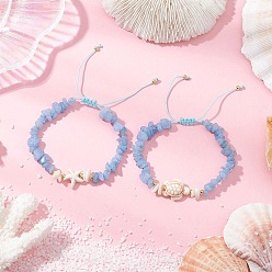 Аквамарин 2шт. браслеты из плетеных бусин с натуральным аквамариновым кристаллом, регулируемые плетеные браслеты из синтетической бирюзы и натуральных ракушек, черепаха и морская звезда, с нейлоновой нитью, внутренний диаметр: 2-1/4~3-1/2 дюйм (5.7~9 см), звезды: 14x13x5 мм