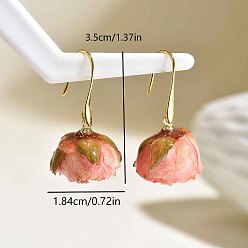 Pink Brass Resin Dangle Earrings for Women, Flower, Inside Dried Flower, Golden, Pink, 35x18.4mm