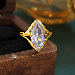 Golden Adjustable Brass Pave Clear Cubic Zirconia Finger Rings, Horse Eye, Golden, Inner Diameter: 15~20mm