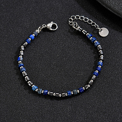 Lapis Lazuli Natural Lapis Lazuli Heishi Beaded Bracelets with 201 Stainless Steel End Chains, Stainless Steel Color, 7.48 inch(19cm)