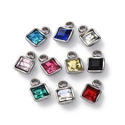 Нержавеющая Сталь Цвет 304 из нержавеющей стали горный хрусталь подвески, квадратных амулеты, разноцветные, цвет нержавеющей стали, 8x5x3 мм, отверстие : 1.6 мм
