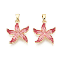 Светло-Коралловый Латунь с эмалевыми подвесками, прелести морская звезда, реальный 18 k позолоченный, свет коралловый, 18x16x2.5 мм, отверстие : 4.5x2.5 мм