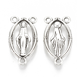 Antique Silver Holy Oval Carved Virgin Mary Tibetan Style Alloy Chandelier Component Links, 3 Loop Connectors, Rosary Center Pieces, Cadmium Free & Lead Free, Antique Silver, 25x13x3mm, Hole: 2mm