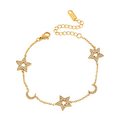 Звезда 304 браслеты из нержавеющей стали с микропаве из прозрачных кубических цирконий, браслеты-цепочки для женщин, звезда и луна, 6.69 дюйм (17 см)