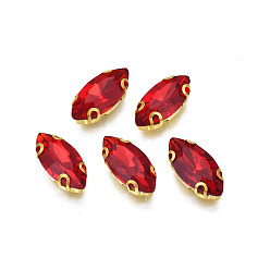 Red Sew on Rhinestone, Transparent Glass Rhinestones, with Iron Prong Settings, Faceted, Horse Eye, Red, 15x7x4.5mm, Hole: 1mm