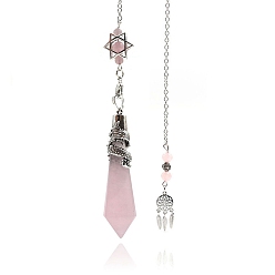 Rose Quartz Natural Rose Quartz Cone Dowsing Pendulum Big Pendants, with Meatl Woven Net/Web with Feather, Pendant: 68x16mm
