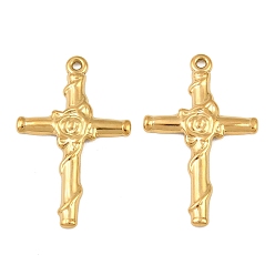 Real 18K Gold Plated 304 Stainless Steel Pendants, Cross with Rose Charms, Ion Plating(IP), Real 18K Gold Plated, 31x19.5x1.5mm, Hole: 1.3mm