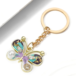Средний Фиолетовый Брелки со стразами из сплава, украшения для сумок и кошельков, Эмаль стиле, с имитацией жемчужина бисера, бабочка, средне фиолетовый, 8.5x4 см