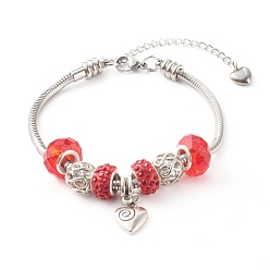 Rouge Bracelets européens en strass en pâte polymère faits à la main, perles de verre, 304 chaînes de serpent en acier inoxydable et breloque coeur en alliage, rouge, 7-7/8 pouce (20 cm)