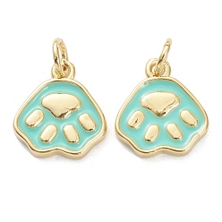 Pale Green Brass Enamel Pendants, Long-Lasting Plated, Real 18K Gold Plated, Dog Paw Prints, Pale Green, 13.5x12x2mm, Hole: 3mm
