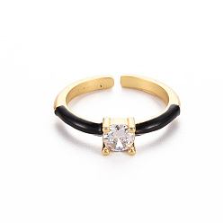 Black Brass Enamel Cuff Rings, Open Rings, Solitaire Rings, with Clear Cubic Zirconia, Nickel Free, Flat Round, Golden, Black, US Size 7(17.3mm)