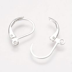 Silver Brass Leverback Earring Findings, with Loop, Nickel Free, Silver Color Plated, 15x10mm, Hole: 1mm