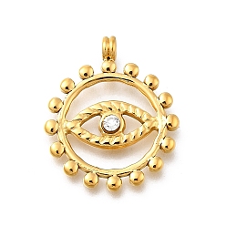 Кристалл 304 подвески из нержавеющей стали, со стразами, ионное покрытие (ip), плоский круглый с шармом в виде глаз, реальный 14 k позолоченный, кристалл, 23.5x20x2.5 мм, отверстие : 2.5 мм