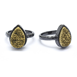 Золотистый Гальванизированный естественный druzy кварцевый кристалл палец кольца, с фурнитурой из экологически чистой латуни, без свинца и без кадмия, долговечный, плоско-круглые, Размер 7, металлический черный , золотые, 17 мм