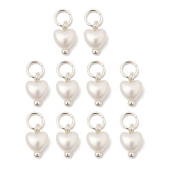 Белый Подвески из искусственного жемчуга ABS, формы сердца, с серебряными 304 кольцами из нержавеющей стали, белые, 9x6x3.5 мм, отверстие : 3.5 мм