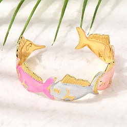 Colorful Ocean 304 Stainless Steel Enamel Fish Open Cuff Bangles for Women, Golden, PVD Vacuum Plating, Colorful, Inner Diameter: 1.97 inch(5cm)x2.40 inch(6.1cm)