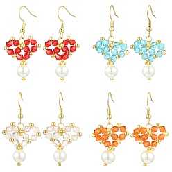 (52) Непрозрачная лаванда Болтающие серьги из стекла, с бусинами из ракушечного жемчуга и 304 крючками для сережек из нержавеющей стали, сердце, разноцветные, 42x20~22 мм