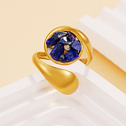 Ляпис-Лазурь Натуральный кусочек лазурита с открытыми кольцами из нержавеющей стали, плоско-круглые, золотые, 304 мм