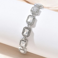 Stainless Steel Color 304 Stainless Steel Full Rhinestone Rectangle Link Chain Bracelets, Stainless Steel Color, 6.77 inch(17.2cm)