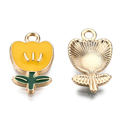 Gold Eco-Friendly Zinc Alloy  Pendants, with Enamel, Flower, Cadmium Free & Nickel Free & Lead Free, Golden, Gold, 19.5x11.5x3mm, Hole: 2mm