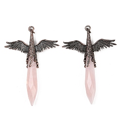 Розовый Кварц Крупные подвески из натурального розового кварца, ограненные в форме заостренного стержня, в форме пули., подвески в виде ангельских крыльев из сплава, Красная медь, 73~74x52~52.5x11 мм, отверстие : 4 мм