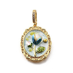 Аква Латунные подвески с микропаве из кубического циркония и эмали, овал с цветочными подвесками, с блестящей пудрой и натуральным пресноводным жемчугом, без никеля , реальный 18 k позолоченный, вода, 30x24x9 мм, отверстие : 6.5x4.5 мм