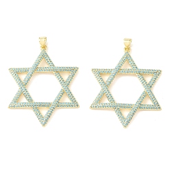 Plaqué 18K Or Véritable Pendentifs en laiton micro pavé de zircons cubiques bleu ciel, star of david charmes, crémaillère plaquage, plaqué longue durée, sans cadmium et sans plomb, réel 18 k plaqué or, 42.5x35x2.5mm, Trou: 4x3mm