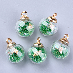 Medium Sea Green Transparent Glass Globe Pendants, with Resin & Resin Rhinestone & Conch Shell & Glass Micro Beads inside, Plastic CCB Pendant Bails, Round, Golden, Medium Sea Green, 21.5x16mm, Hole: 2mm
