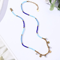 Синий Бохо 304 подвеска из нержавеющей стали с кристаллами, стразами и кисточкой из стеклянных бусин для женщин, золотые, синие, 16.54 дюйм (42 см)