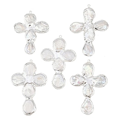 Платина Большие подвески из жемчуга Natura Keshi, с латунной фурнитурой , крест прелести, белые, платина, 62.5~74.5x46~52x6~8 мм, отверстие : 1.8 мм