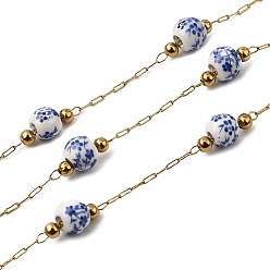 Небесно-голубой Ручная работа 304 круглые звенья цепочек из нержавеющей стали с фарфоровыми бусинами и цветочным узором, пайки, с 316 цепями и катушкой из нержавеющей стали, ионное покрытие (ip), реальный 18 k позолоченный, голубой, бусины : 10x6~7 мм