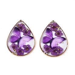 Темно-Фиолетовый Подвески из прозрачной эпоксидной смолы, Подвеска в форме капли с засушенным цветком и бабочкой., с золотой фольгой и латунью, темно-фиолетовый, 35x25.5x3~4 мм, отверстие : 1~1.2 мм
