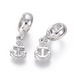 Platinum Brass Micro Pave Clear Cubic Zirconia European Dangle Charms, Large Hole Pendants, Anchor, Platinum, 18.5mm, Hole: 4.5mm, Anchor: 9x5.5x2.5mm