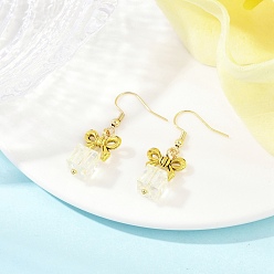 Light Yellow Alloy & Glass Dangle Earrings, with 304 Stainless Steel Earring Hooks for Women, Bowknot & Cube, Light Yellow, 39.5x13.5mm