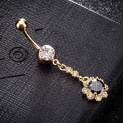 Schwarz Umweltfreundlicher Nabelring aus Zirkonoxid aus Messing, Bauchringe, mit 304 Edelstahlleiste, echt 18 k vergoldet, Blume, Schwarz, 50x11 mm, Stange: 15 Spurweite(1.5mm), Stangenlänge: 3/8"(10mm)