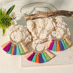 Золотой Комплекты украшений с кисточками из сплава и полиэстера в богемном стиле, включая серьги-подвески и ожерелья с подвесками, круглые кольца, золотые, 14.76 дюйм (37.5 см), 90x70 мм