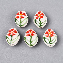 Оранжево-Красный Фарфоровые бусины ручной работы, пастельный фарфор, самородки и цветы, оранжево-красный, 14~17x12~13x7~8 мм, отверстие : 1.4~1.8 мм