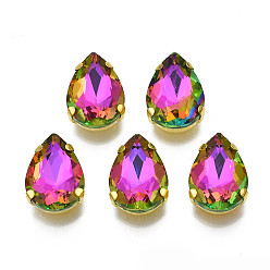 Золотистый Шить на горный хрусталь, многожильных ссылки, стекло горный хрусталь, с позолотой 201 зубцы из нержавеющей стали, аксессуары для одежды, граненые, слеза, золотые, 14x10x6 мм, отверстие : 1 мм